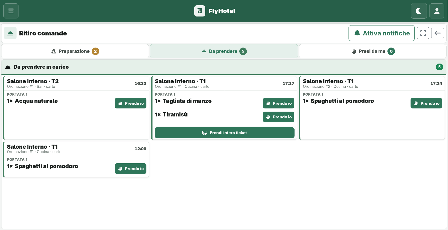 Screenshot: consegne camerieri